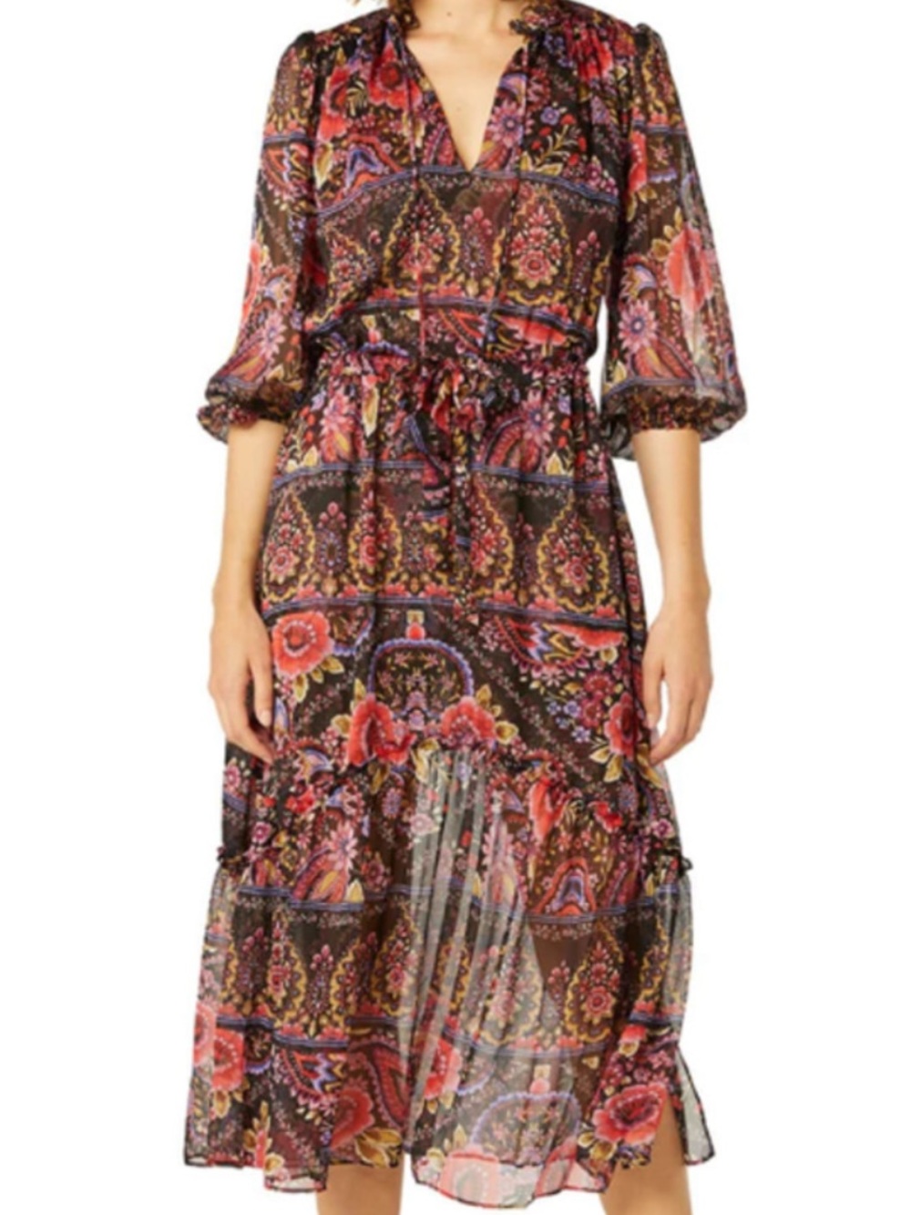 Misa Los Angeles Black Paisley Floral Midi Dress with Pink Accents